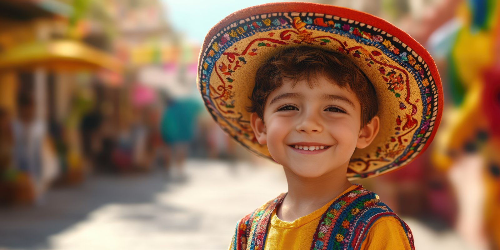 Smiling boy wearing colorful hat while enjoying local festivities in vibrant market setting during bright sunny day